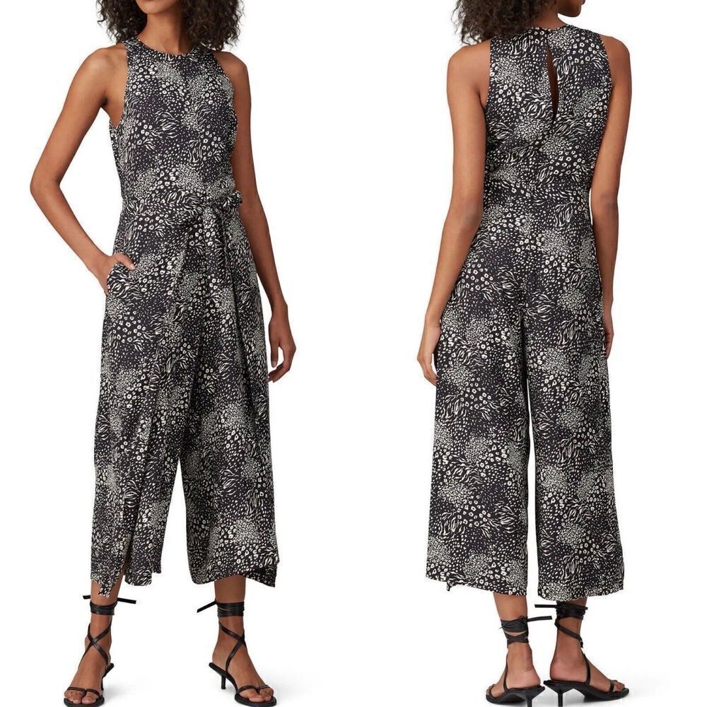 JOIE Jumpsuit Womens 8 Black Printed Mairead D Wide Leg Crop Sleeveless Tie
